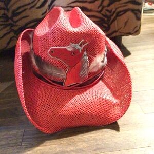 NEW! Vintage upcycled Peter Grimm Red Straw Cowboy Hat with Horse Patch